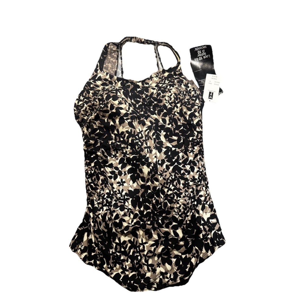 Miraclesuit Swim Shaper Black floral One Piece Tummy Control Swimsuit 18 NWT